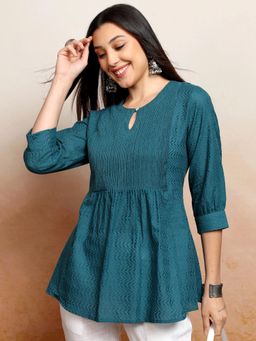 VISHUDH - Women Teal Pin Tucks Yok Short Top