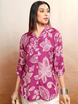 VISHUDH - Women Pink Floral Printed Button Down Shirt