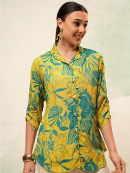 VISHUDH - Women Mustard Floral Button Down Ruched Sleeves Shirt