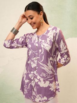 VISHUDH - Women Lavender Floral Button Down Top with Ruched Sleeves