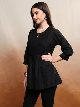 VISHUDH - Women Black Pin Tucks Yoke Peplum Top