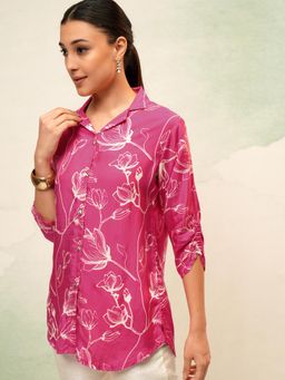 VISHUDH - Women Pink Floral Button Down Ruched Sleeves Shirt