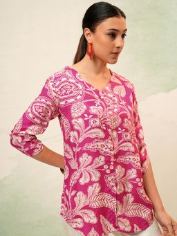 VISHUDH - Women Pink Floral Button Down Ruched Sleeves Top