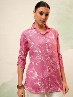 VISHUDH - Women Light Pink Floral Button Down Ruched Sleeves Shirt