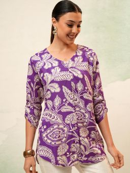 VISHUDH - Women Purple Floral Button Down Ruched Sleeves Top