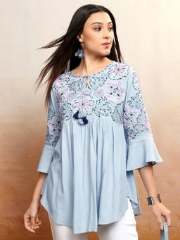 VISHUDH - Women Powder Blue Ethnic Embroidered Short Tunic