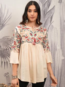 VISHUDH - Women Beige Embroidered Tunic