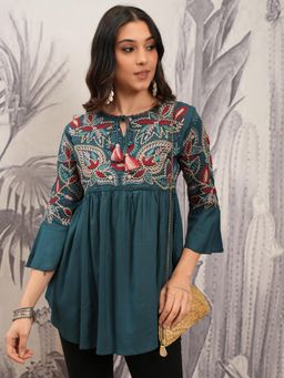 VISHUDH - Women Teal Embroidered Tunic
