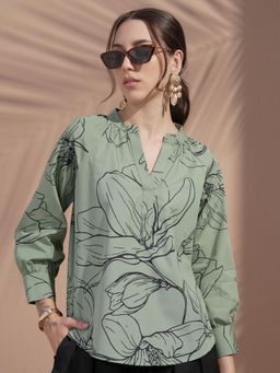 VISHUDH - Women Green Poplin Printed Relaxed Fit Top