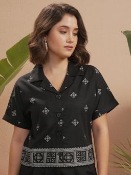 VISHUDH - Women Black Printed Club Collar Shirt