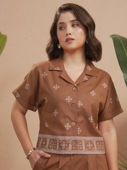 VISHUDH - Women Brown Printed Club Collar Shirt