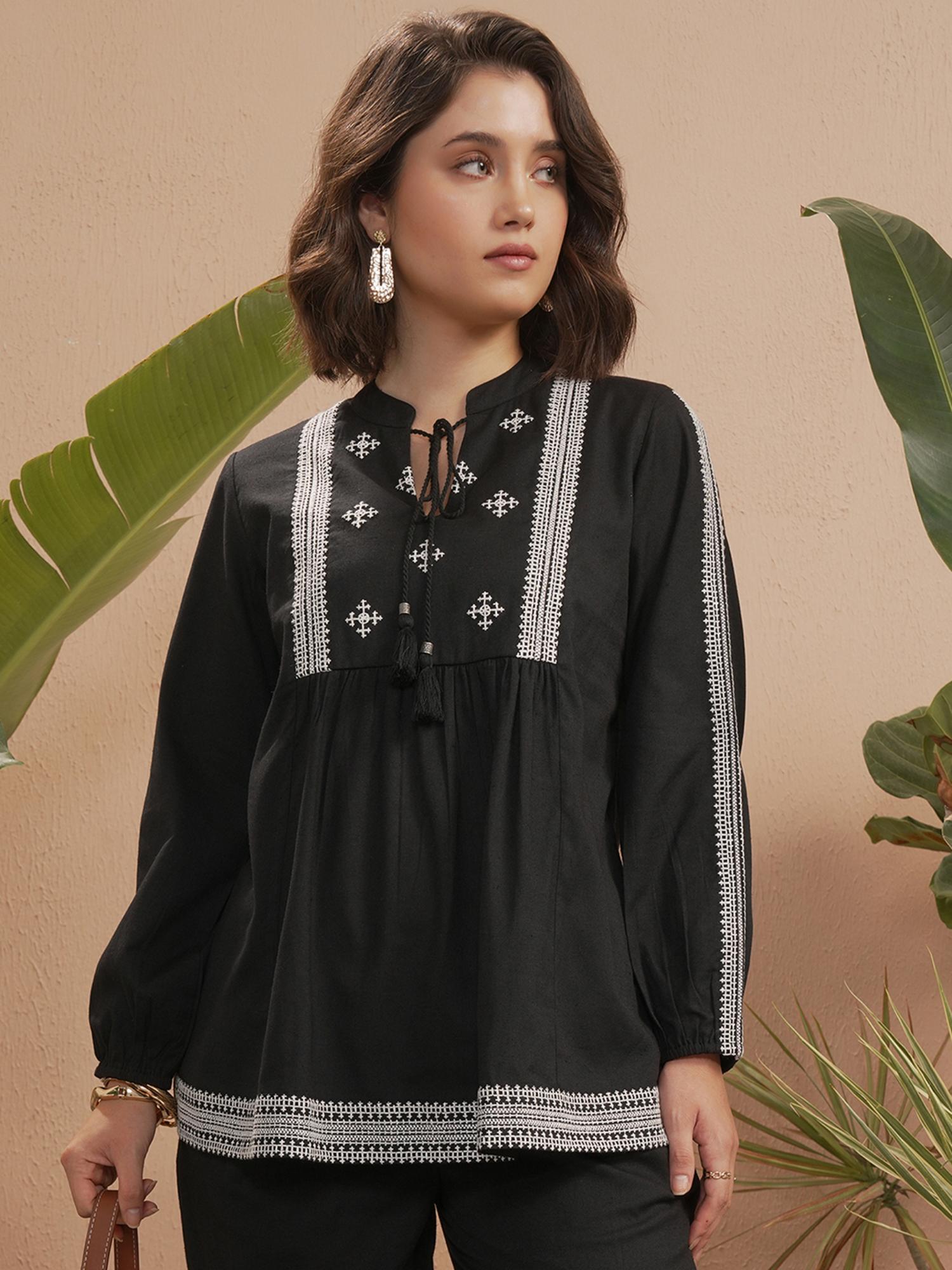 vishudh Women Black Embroidered Mandarin Collar Tunic-picture-31