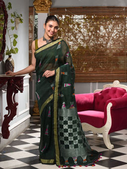 CHARUKRITI - Bottole Green Linen Saree With Geomatric Design In Pallu Unstitched Blouse Piece