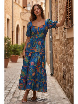 BOHO-CHIC By Sukriti Jain - Teal Sea Shells Printed Midi Summer Dress