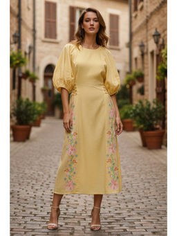 BOHO-CHIC By Sukriti Jain - Yellow Pastel Cross Stitch Embroidered Midi Dress