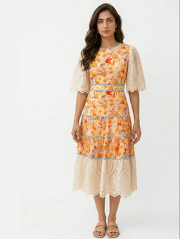 BOHO-CHIC By Sukriti Jain - Multi-Color Floral Lace Trim Midi Dress