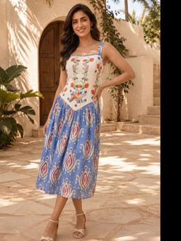 BOHO-CHIC By Sukriti Jain - Blue Embroidered Ikat Midi Dress