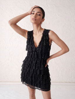 DaKauz - Black Ruffle V-Neck Embellished Mini Dress