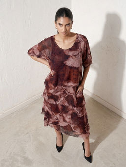 DaKauz - Brown Textured Print Midi Dress