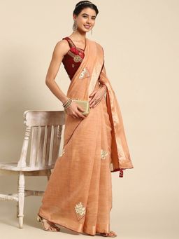 Odette - Peach Cotton Embroidered Saree with Unstitched Blouse
