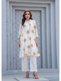 VAJOONI JAIPUR - Women Yellow Floral Printed Cotton A-Line Kurta with Pant