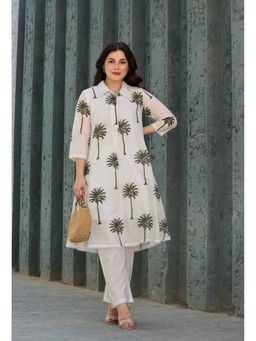 VAJOONI JAIPUR - Women Green Floral Printed Cotton A-Line Kurta with Pant