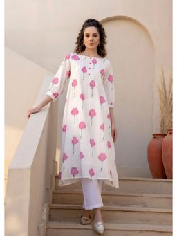 VAJOONI JAIPUR - White and Pink Floral Cotton Kurta with Pant