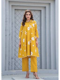 VAJOONI JAIPUR - Mustard Yellow Floral Cotton A-Line Kurta and Pant