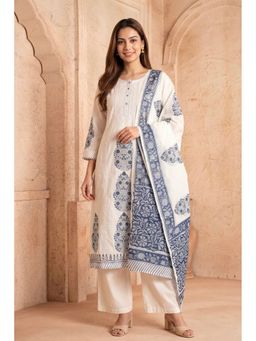 PANCHRANGA - White Hand Chikan Embroidery and Placement Block Print Kurta and Dupatta Set