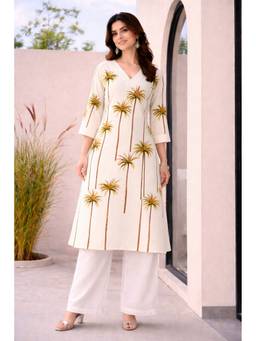 VAJOONI JAIPUR - Ivory Oasis Palm Kurta with Pant
