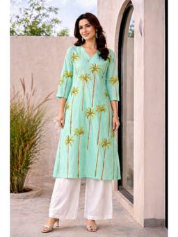 VAJOONI JAIPUR - Mint Green Oasis Palm Kurta with Palazzo