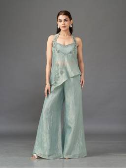 Qunic - Green Frosted Beam Top and Palazzo