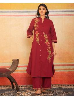 Cevara - Burgundy Garnet Bloom Kurta with Pant