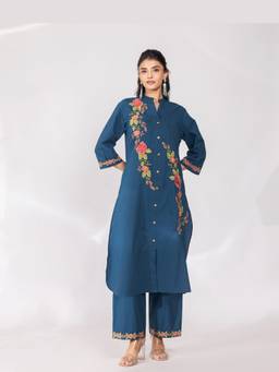 Cevara - Teal Blue Azure Garden Kurta with Pant