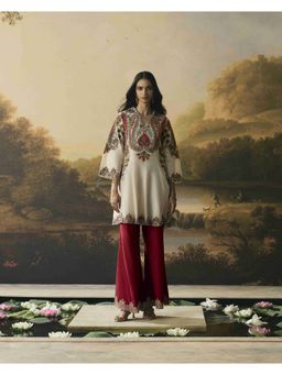 CHANDRIMA - Ivory Contrast Paisley Flared Short Kurta with Bell Bottom Pant
