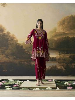 CHANDRIMA - Cherry Red Contrast Cordwork Flared Short Kurta with Pant