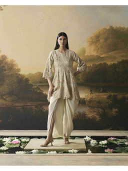 CHANDRIMA - Ivory Cutwork Short Flared Kurta with Cowl Tulip Pant