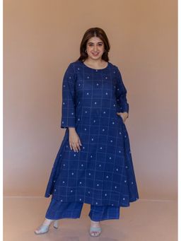 The Indian Ethnic Co. - Shriya Blue Dabu Cotton A Line Co-Ord Set