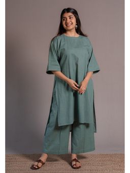 The Indian Ethnic Co. - Teal Solid Slub Cotton Straight Co-Ord Set