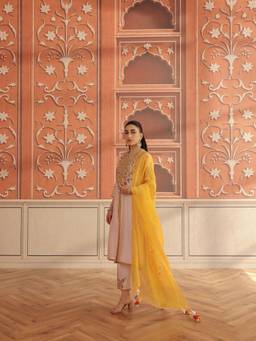 DOHR INDIA - Veera Baby Pink Mirror Work Handcrafted Kurta with Pant and Dupatta
