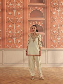 DOHR INDIA - Rasa Ivory Mirror Work Handcrafted Short Kurta with Farshi Salwar