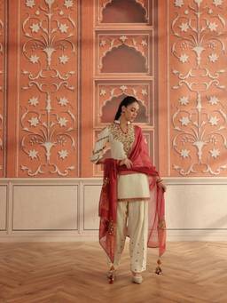 DOHR INDIA - Rasa Ivory Mirror Work Handcrafted Short Kurta with Farshi Salwar and Dupatta