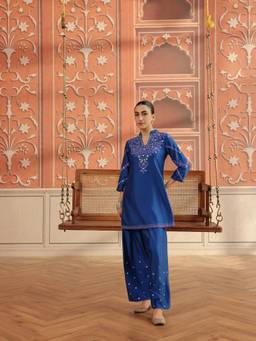 DOHR INDIA - Rasa Royal Blue Mirror Work Handcrafted Short Kurta with Farshi Salwar