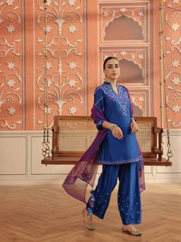 DOHR INDIA - Rasa Royal Blue Mirror Work Handcrafted Short Kurta with Farshi Salwar and Dupatta