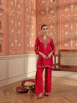 DOHR INDIA - Rasa Ruby Pink Mirror Work Handcrafted Short Kurta with Farshi Salwar