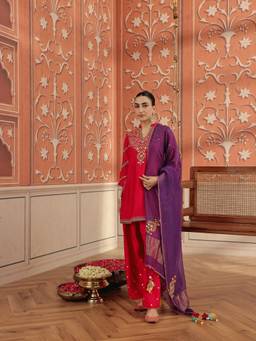DOHR INDIA - Rasa Ruby Pink Mirror Work Handcrafted Short Kurta with Farshi Salwar and Dupatta