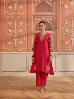 DOHR INDIA - Avin Ruby Pink Mirror Work Handcrafted Kurta and Pant