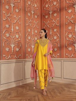 DOHR INDIA - Mirae Yellow Mirror Work Handcrafted Choga with Pant and Dupatta