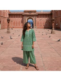 EKOHUM - Green Block Printed Cotton Kurta Farshi Kurta with Salwar