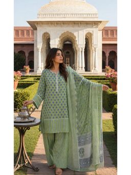 EKOHUM - Green Block Printed Cotton Kurta with Pant and Dupatta
